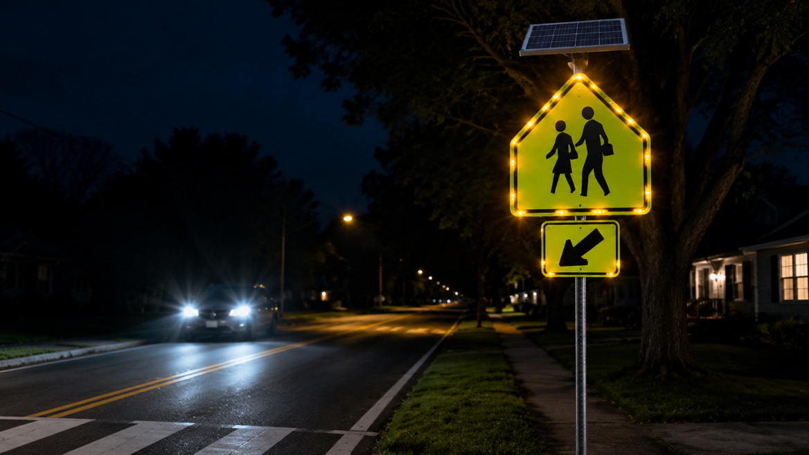 Solar LED School Zone Sign At Night Solar LED School Zone Sign At Night
