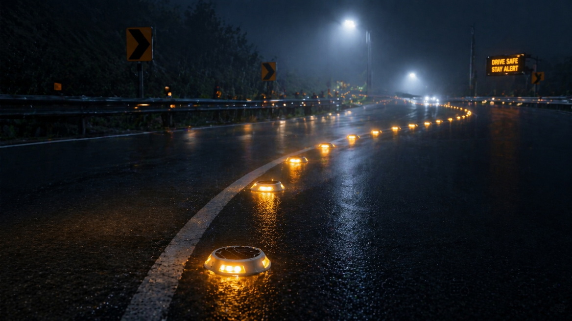 Solar Road Studs Highway Night Solar Road Studs Highway Night