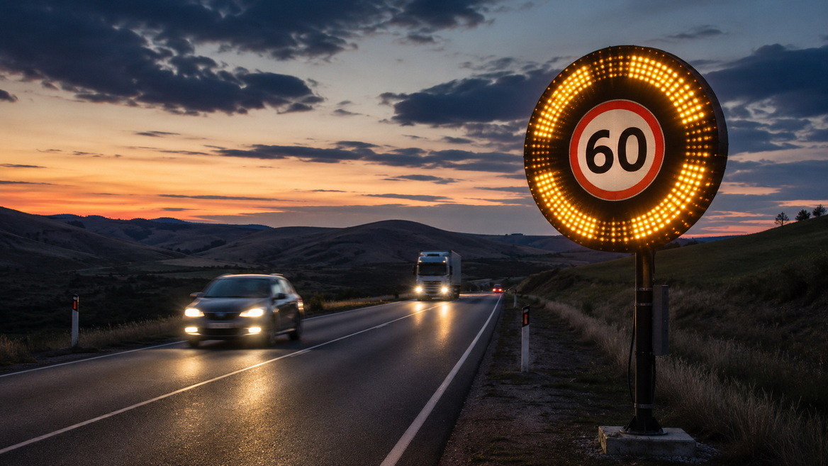 Circular Led Warning Sign On Highway Circular Led Warning Sign On Highway