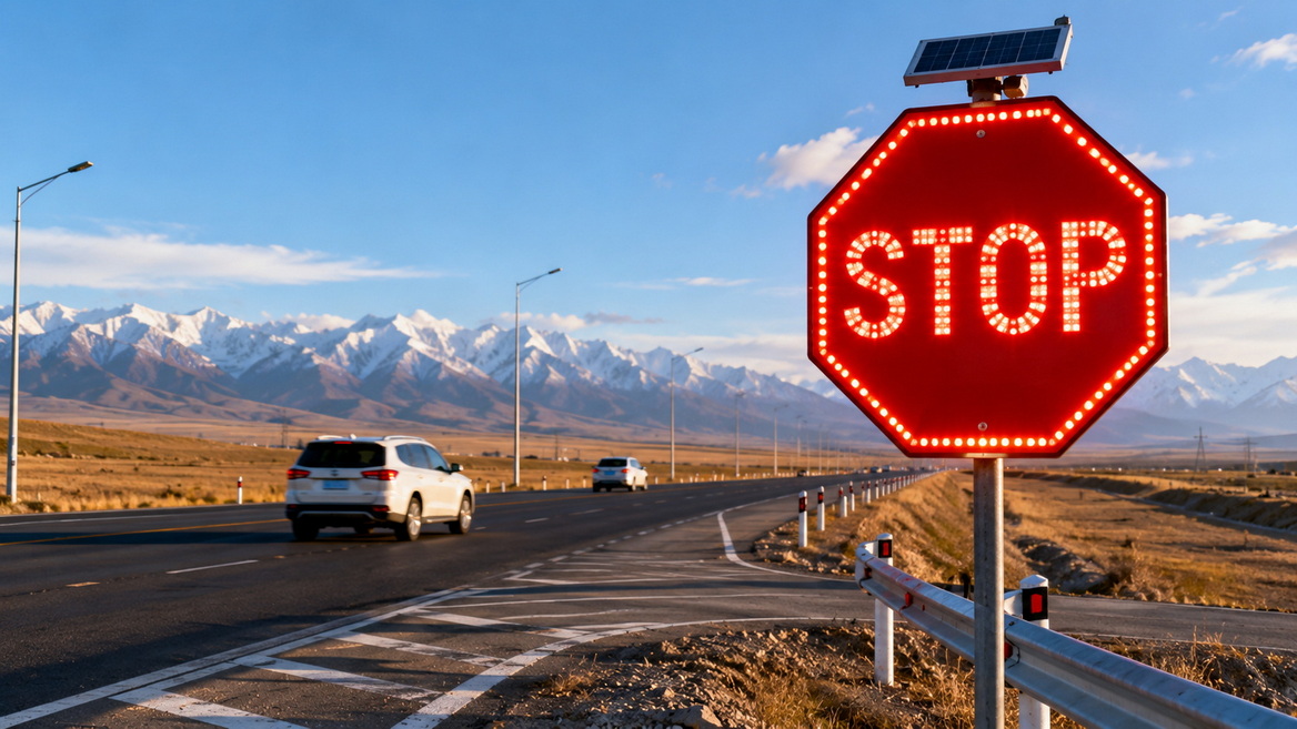 LED Stop Sign On Kazakhstan Highway LED Stop Sign On Kazakhstan Highway