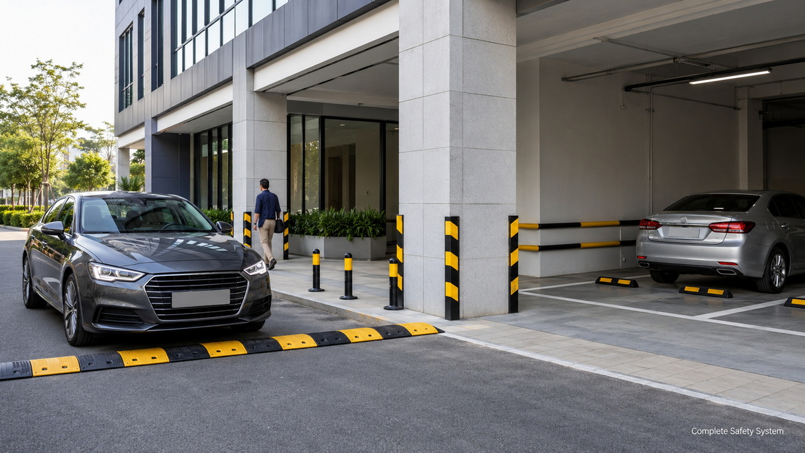 Parking Lot Safety System With Wall Guards Parking Lot Safety System With Wall Guards