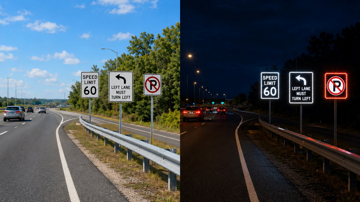 White Regulatory LED Signs At Day And Night لافتات LED تنظيمية بيضاء في النهار والليل