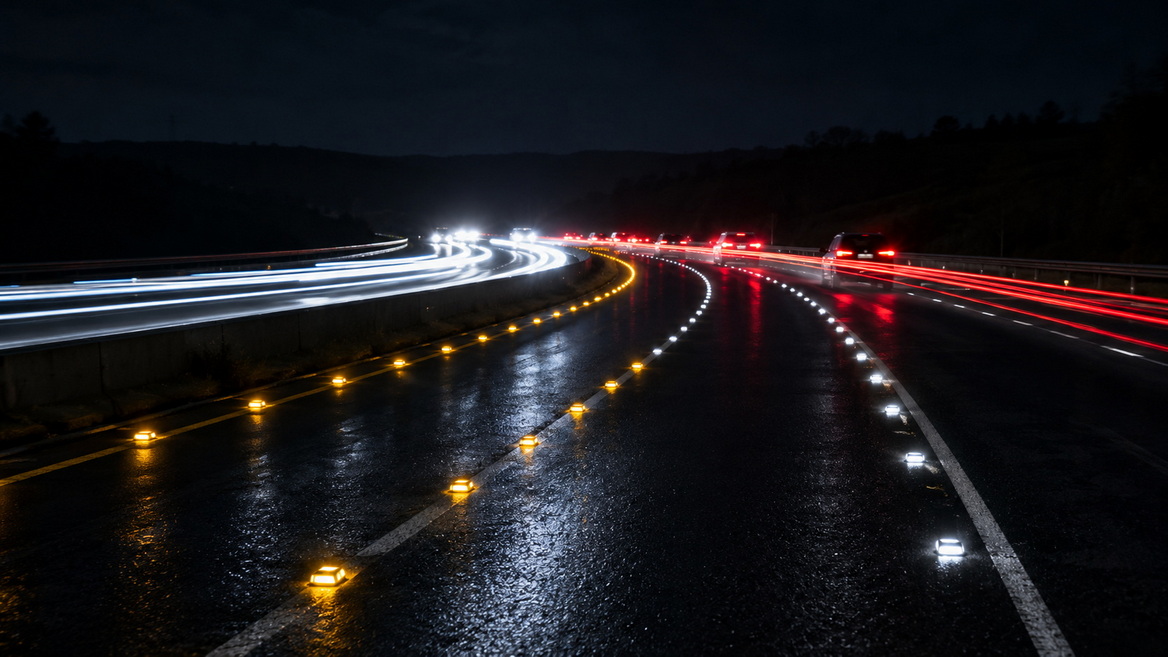 Night Highway With Raised Pavement Markers Night Highway With Raised Pavement Markers