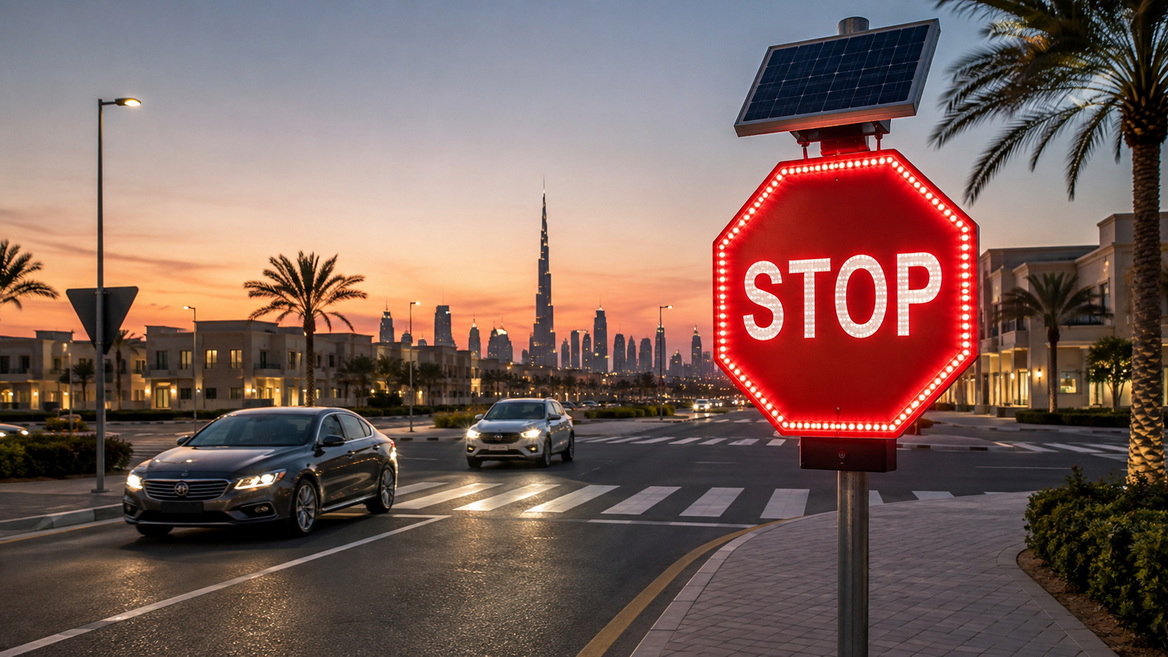 Solar LED Stop Sign at UAE Intersection Solar LED Stop Sign at UAE Intersection