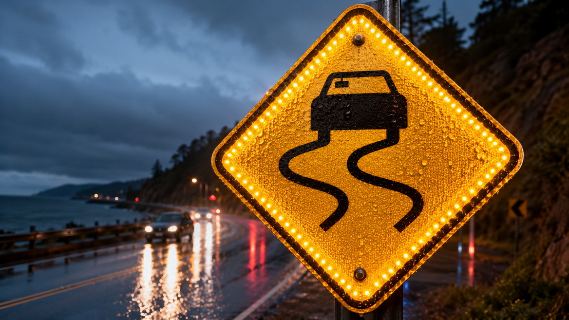 Slippery Road Sign Closeup Slippery Road Sign Closeup