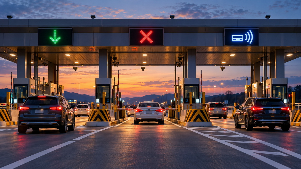 LED Lane Control Signs At Modern Toll Plaza LED Lane Control Signs At Modern Toll Plaza