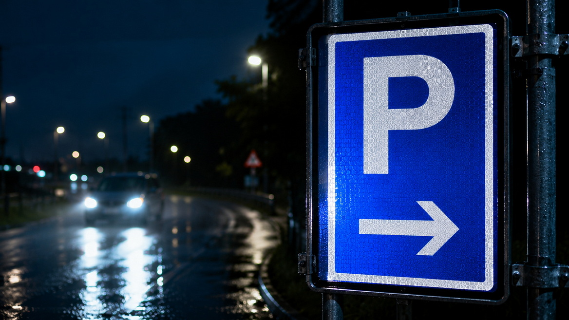 Reflective Blue Road Sign At Night Reflective Blue Road Sign At Night