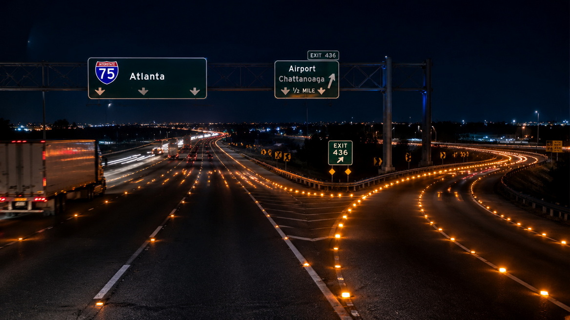 Night Highway With Solar Road Markers Night Highway With Solar Road Markers
