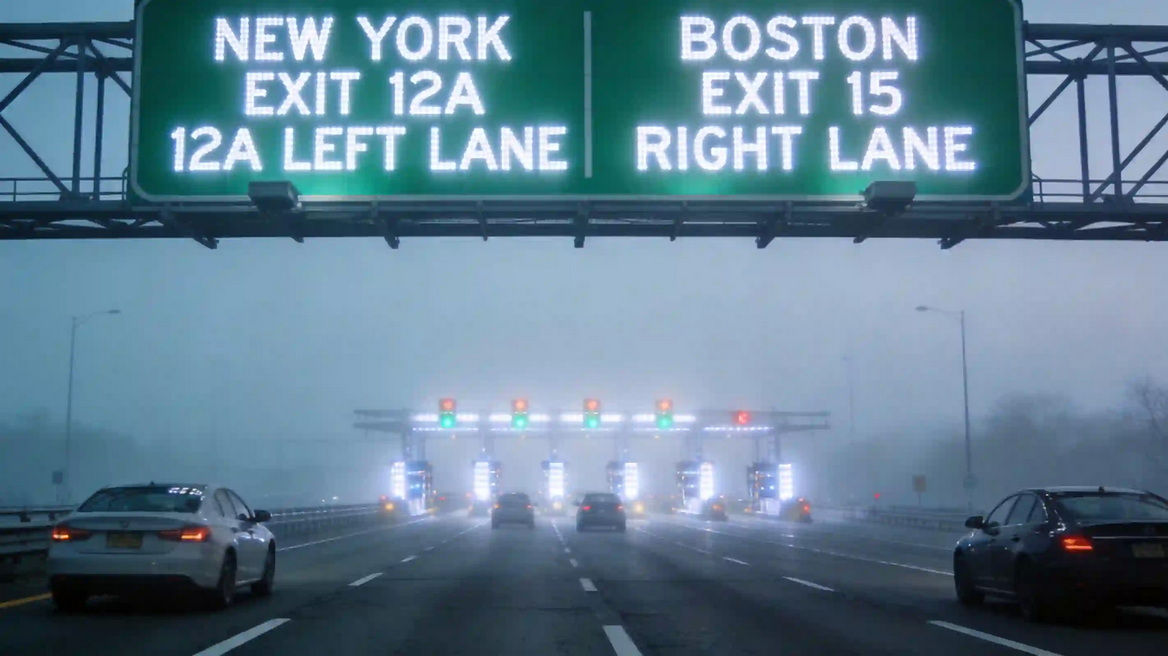White Led Highway Guide Sign In Light Fog White Led Highway Guide Sign In Light Fog