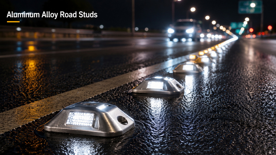 Highway Aluminum Road Studs At Night Highway Aluminum Road Studs At Night