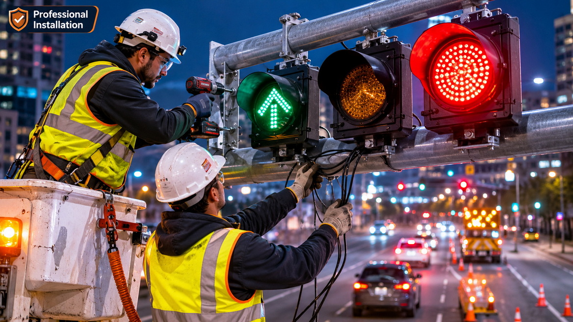 LED Traffic Signal Installation On Mast Arm LED Traffic Signal Installation On Mast Arm