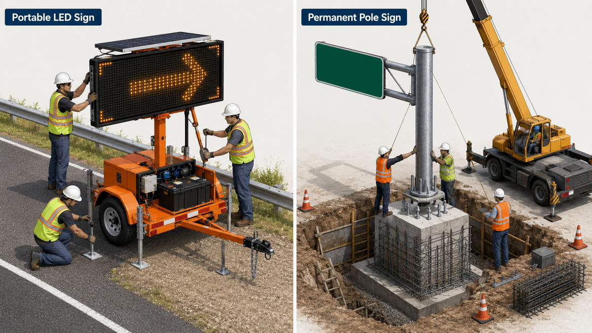 Portable Sign Setup Vs Concrete Foundation Installation Portable Sign Setup Vs Concrete Foundation Installation