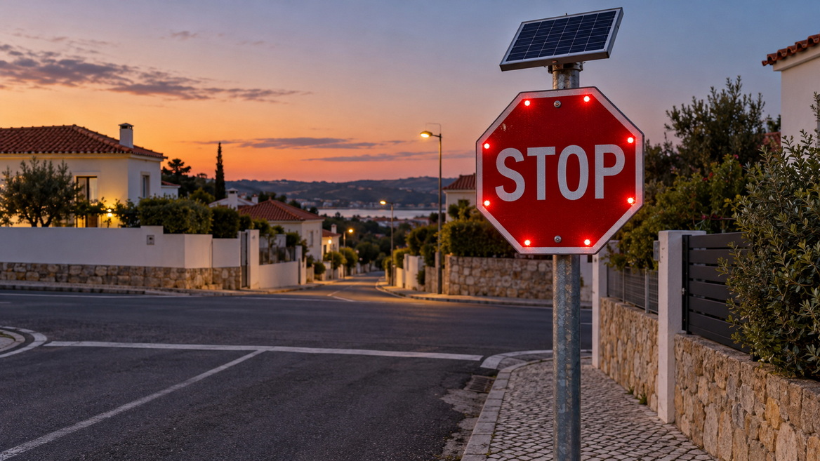 LED Stop Sign on a Portuguese Road LED Stop Sign on a Portuguese Road