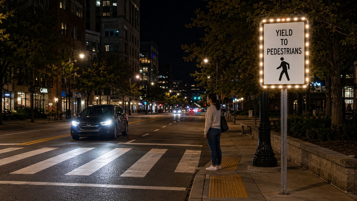 LED Enhanced White Sign At Pedestrian Crossing علامة LED بيضاء محسنة عند معبر المشاة