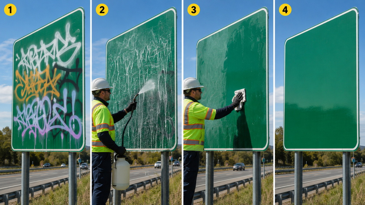 Graffiti Removal From Highway Sign Graffiti Removal From Highway Sign