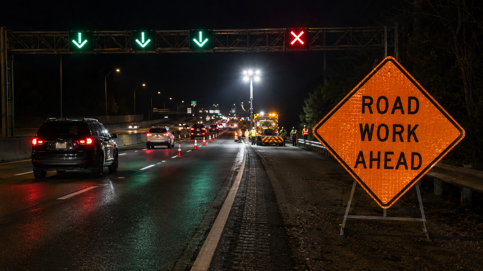 Night Work Zone With LED Lane Control Night Work Zone With LED Lane Control