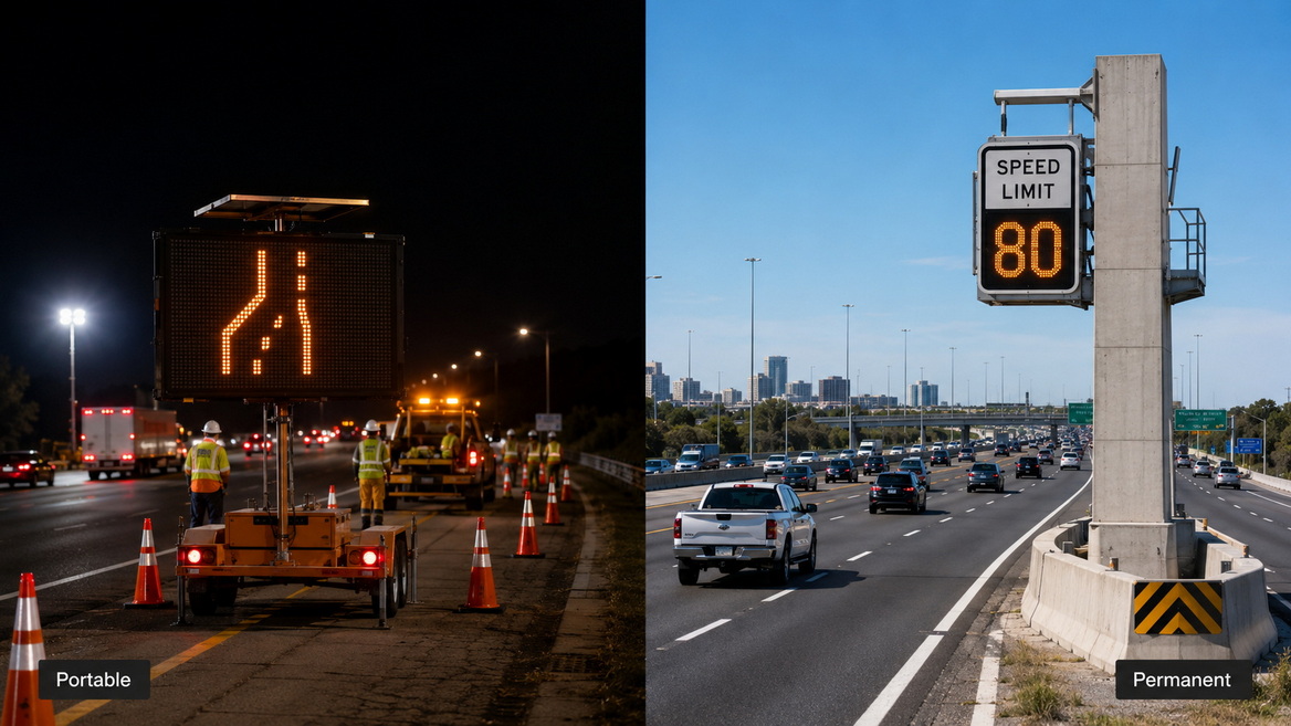 Portable Led Work Zone Vs Permanent Highway Sign Portable Led Work Zone Vs Permanent Highway Sign