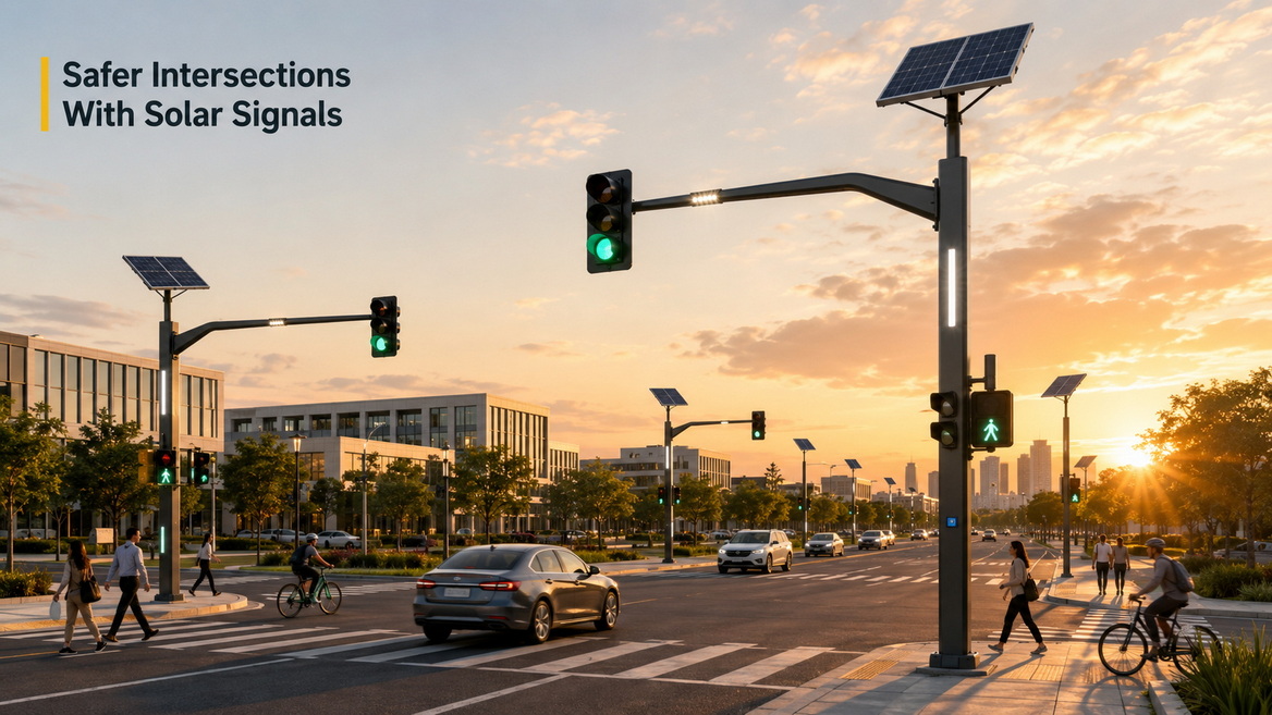 Solar Traffic Lights At Busy Intersection