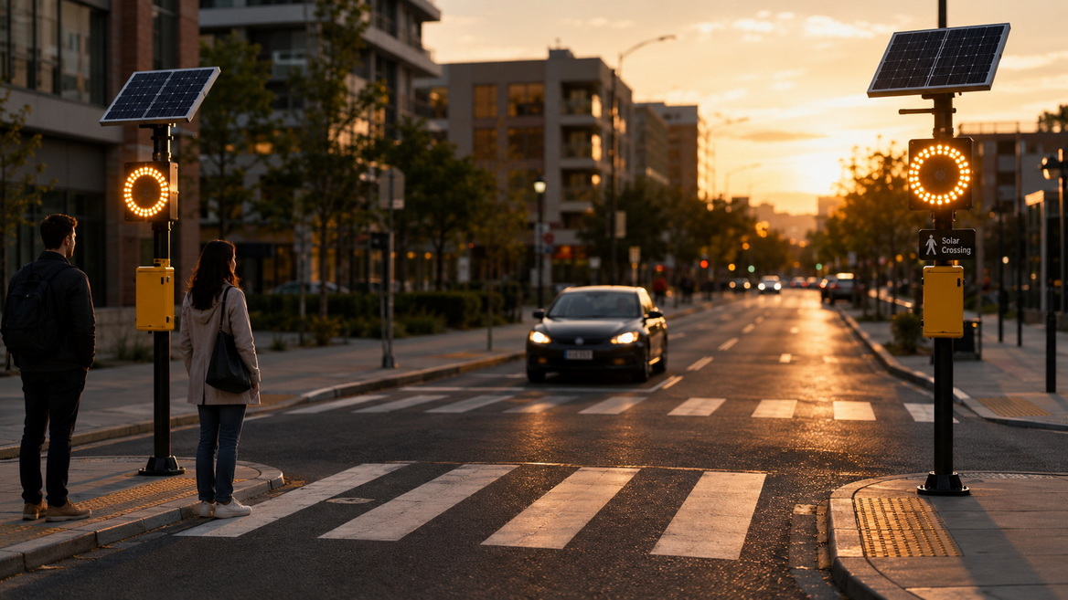 Solar Traffic Beacon At Zebra Crossing
