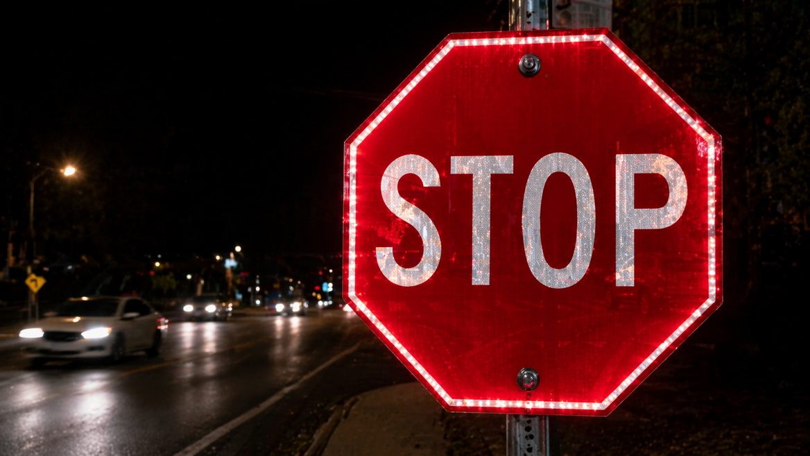 LED Illuminated Stop Sign At Night