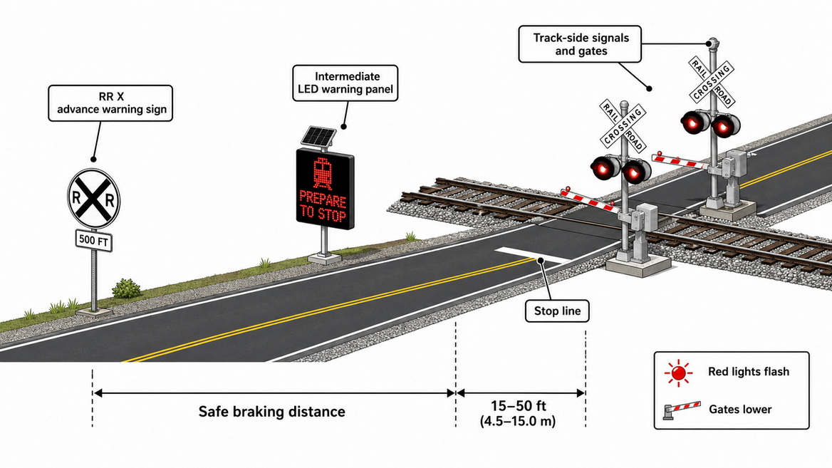 LED Traffic Sign Layout At Railroad Crossing