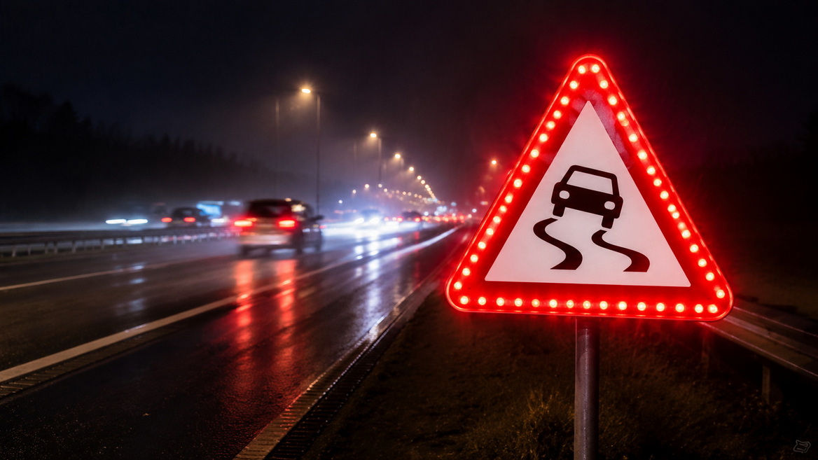 LED Triangle Warning Sign At Night