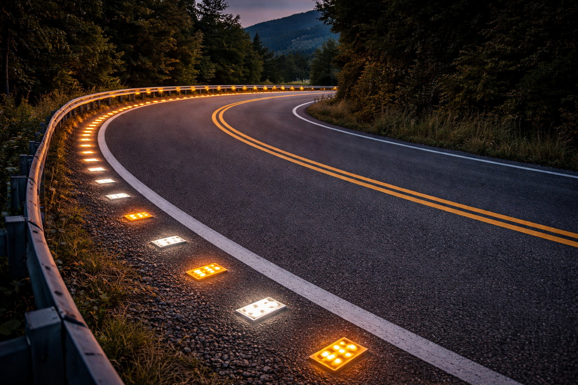 Solar Road Markers On Dangerous Curve
