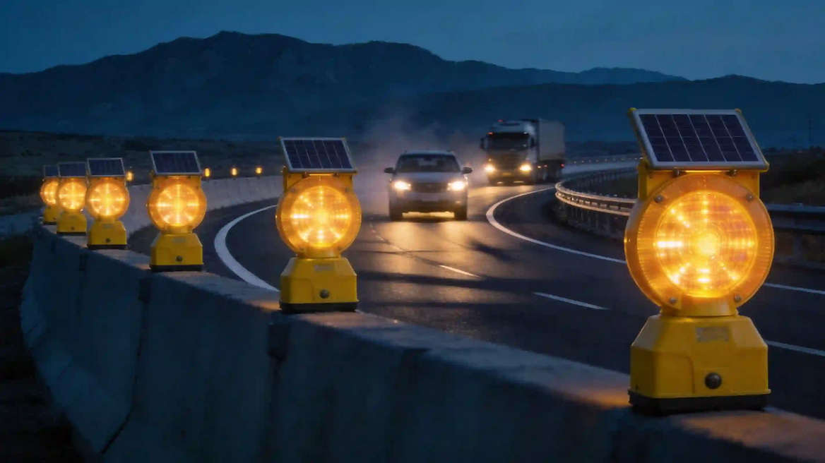 Highway Solar Warning Lights At Curve
