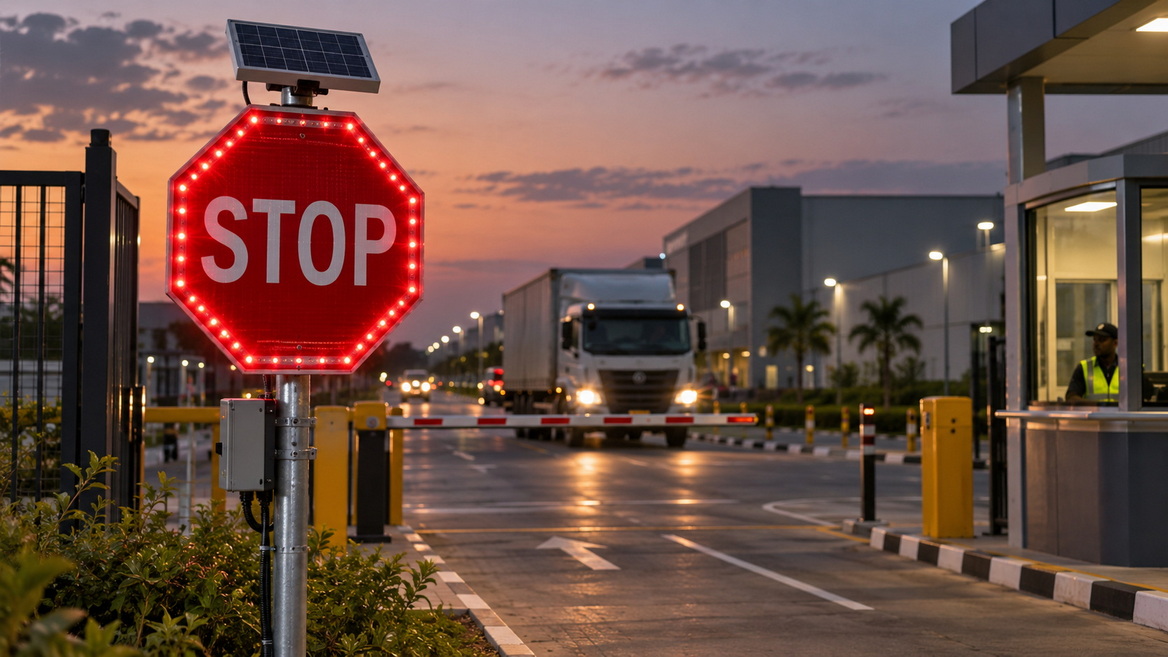 Led Stop Sign Installation At Parking Entrance
