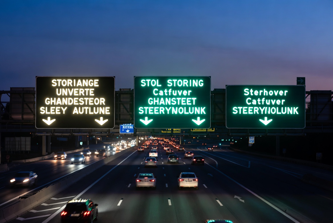 Highway Interchange With Illuminated Guidance Signs