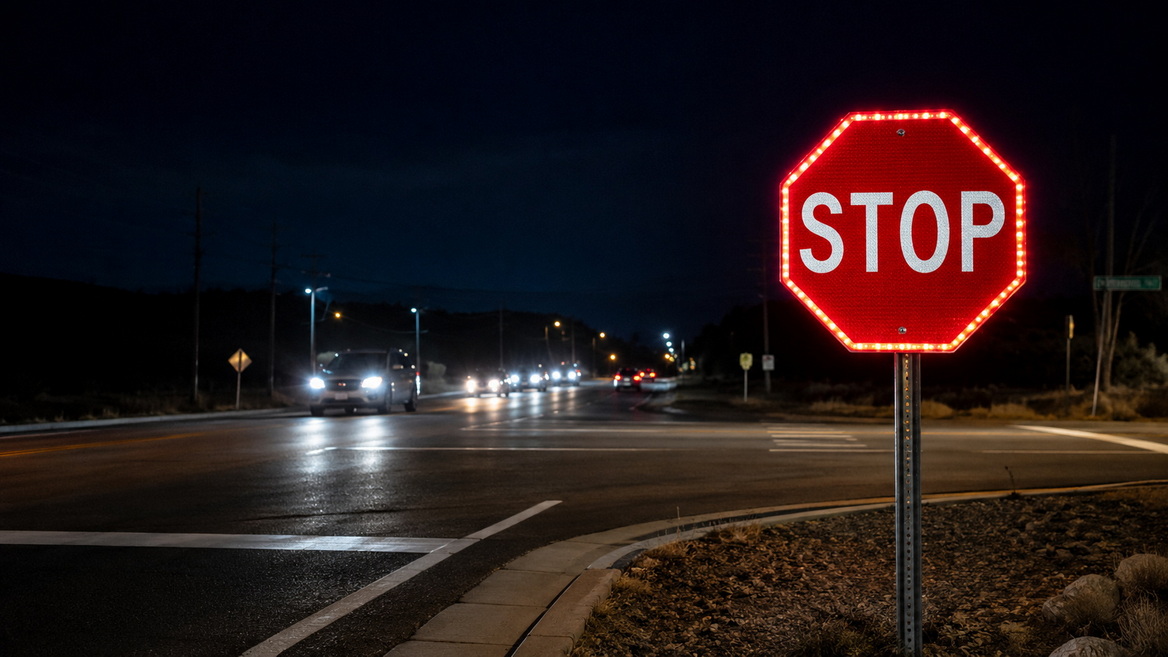 LED Stop Sign Visibility Night Scene