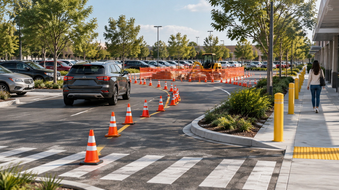 Traffic Cones Guiding a Parking Lot Closure