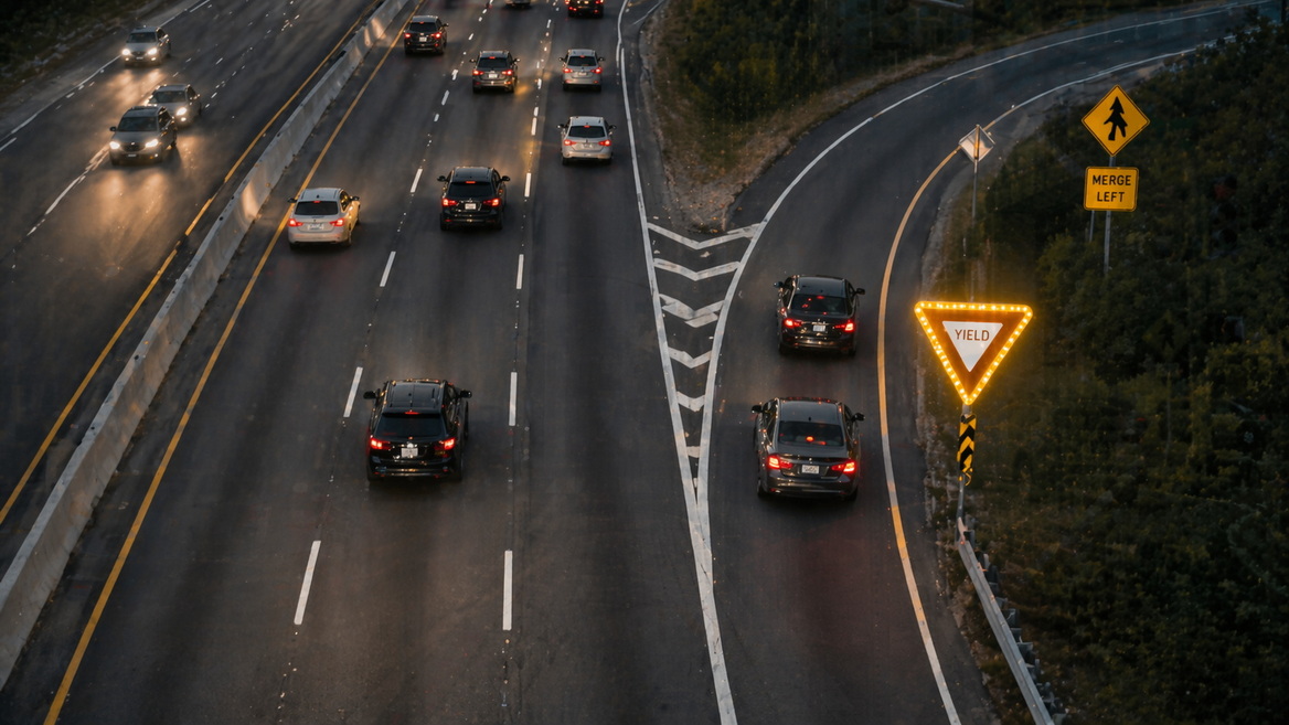 Highway Ramp Merge With LED Yield Sign