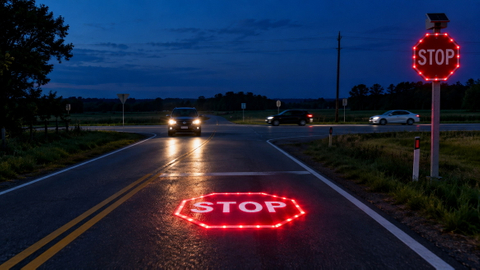 Panneau d'arr&ecirc;t clignotant &agrave; LED &agrave; l'intersection rurale.jpg