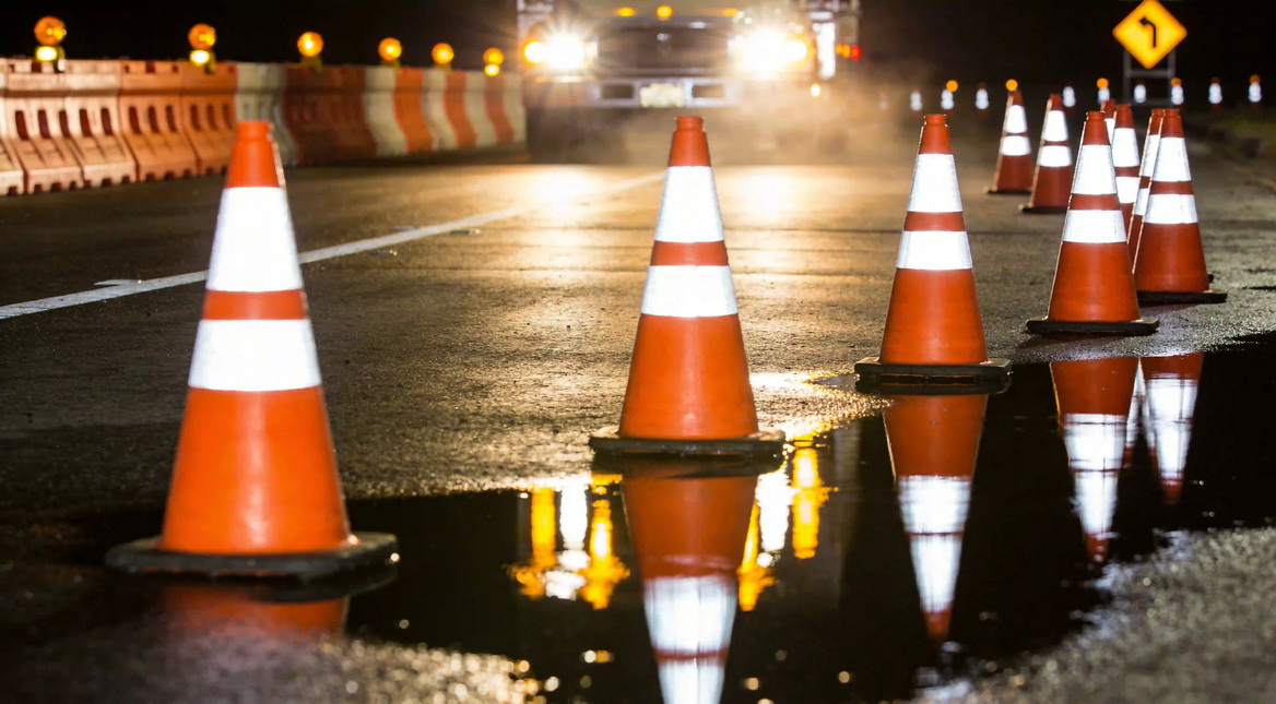 Reflective Traffic Cones At Night