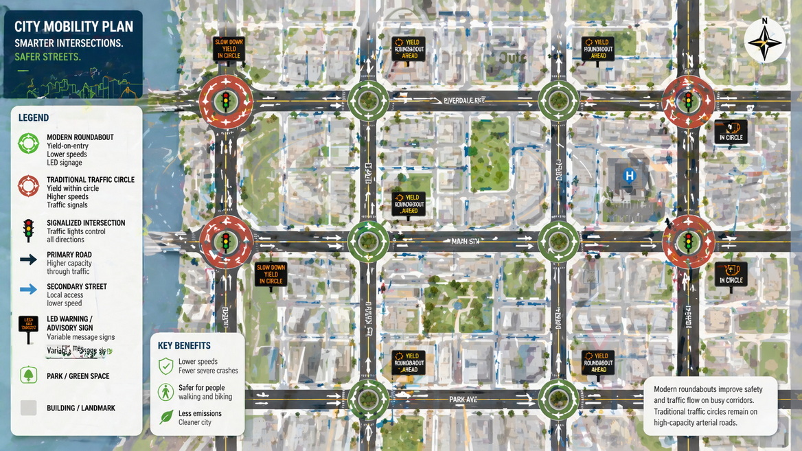 Urban Planning Map With Roundabout And Traffic Circle Locations