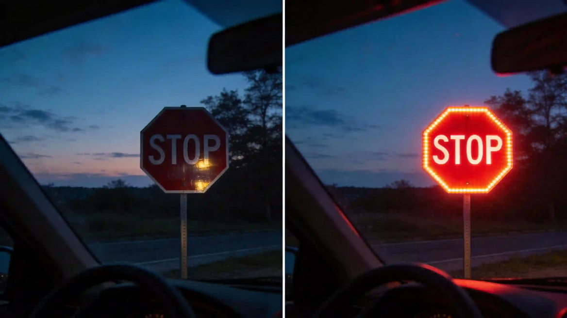 LED And Reflective Stop Sign Comparison