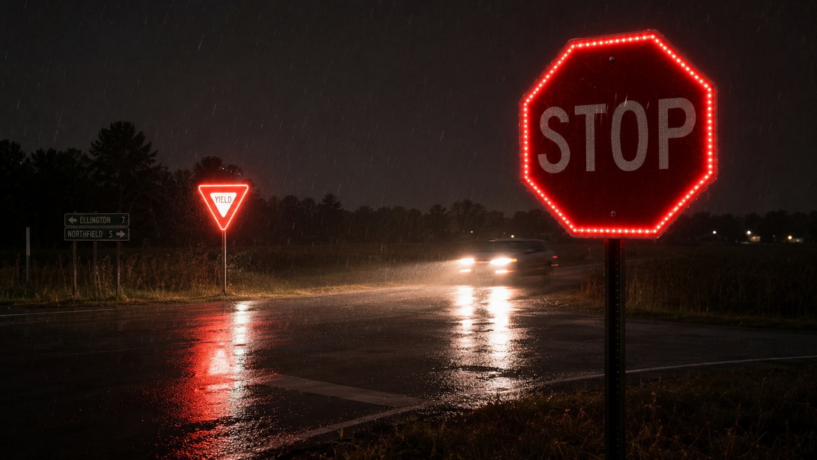 LED Stop And Yield Signs At Night
