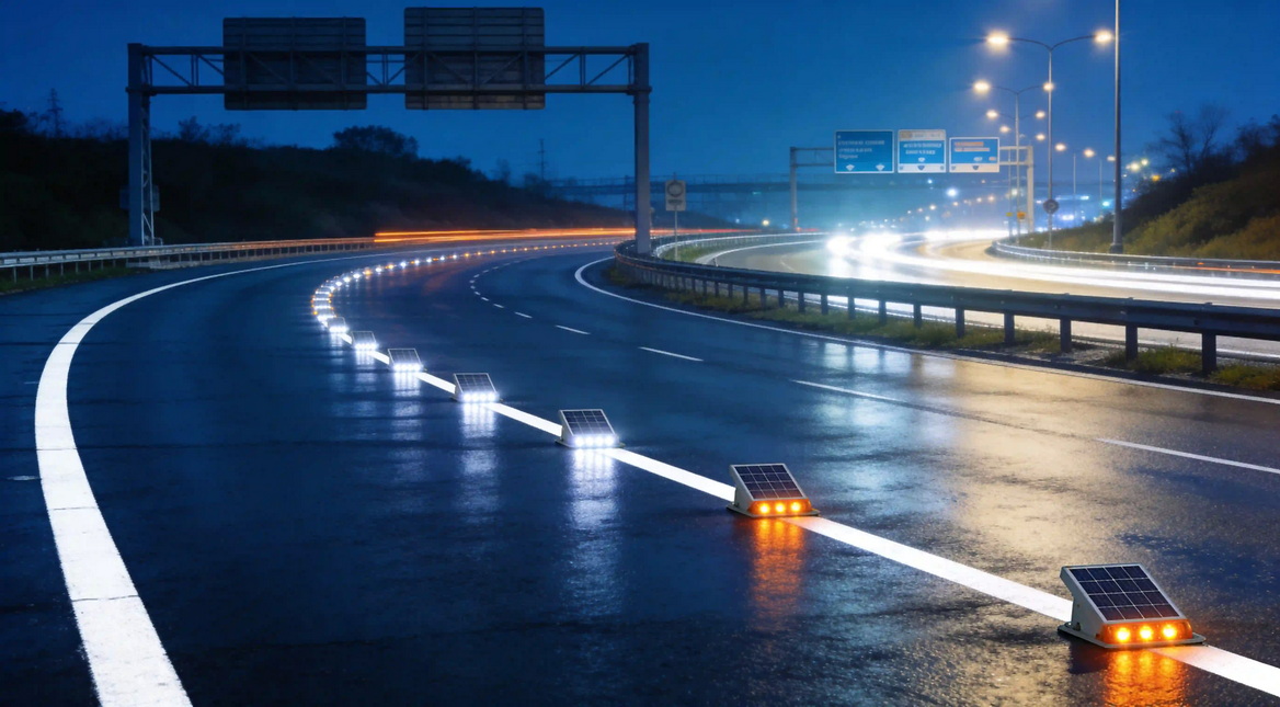 Solar Road Markers On Highway At Night