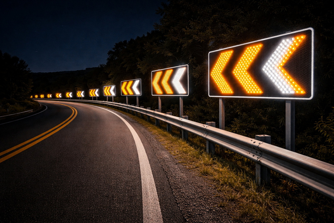 LED Chevron Warning Light System At Night