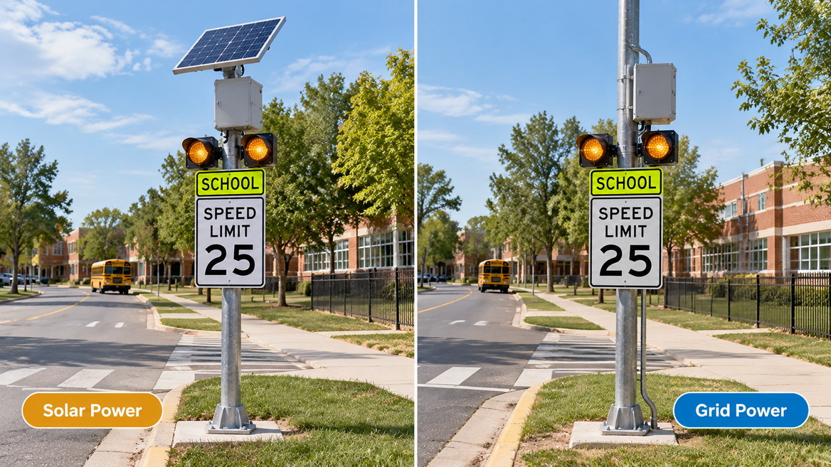 Solar and Grid Powered School Zone Beacons